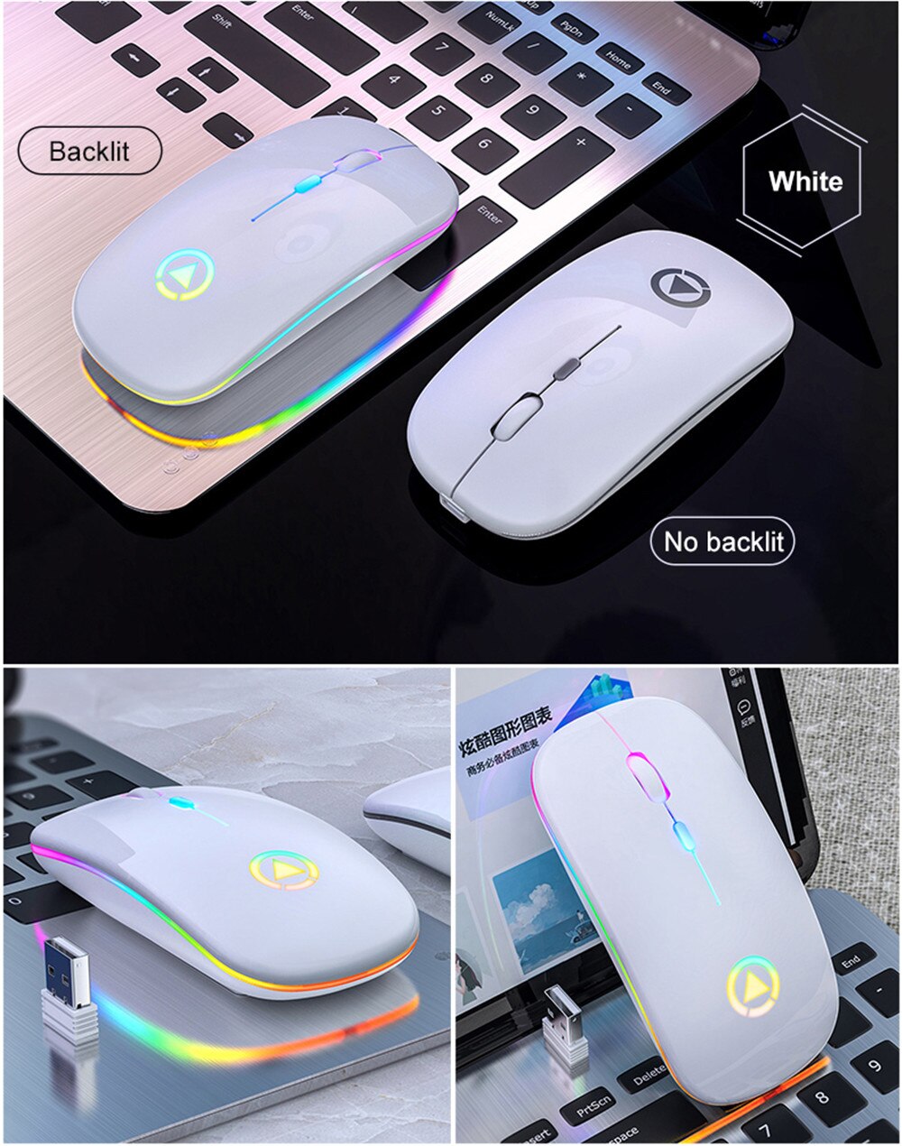 Wireless Mouse Rechargeable mouse 1600DPI RGB LED Backlit Silent Mouse Ultra slim ergonomic mouse for Laptop PC